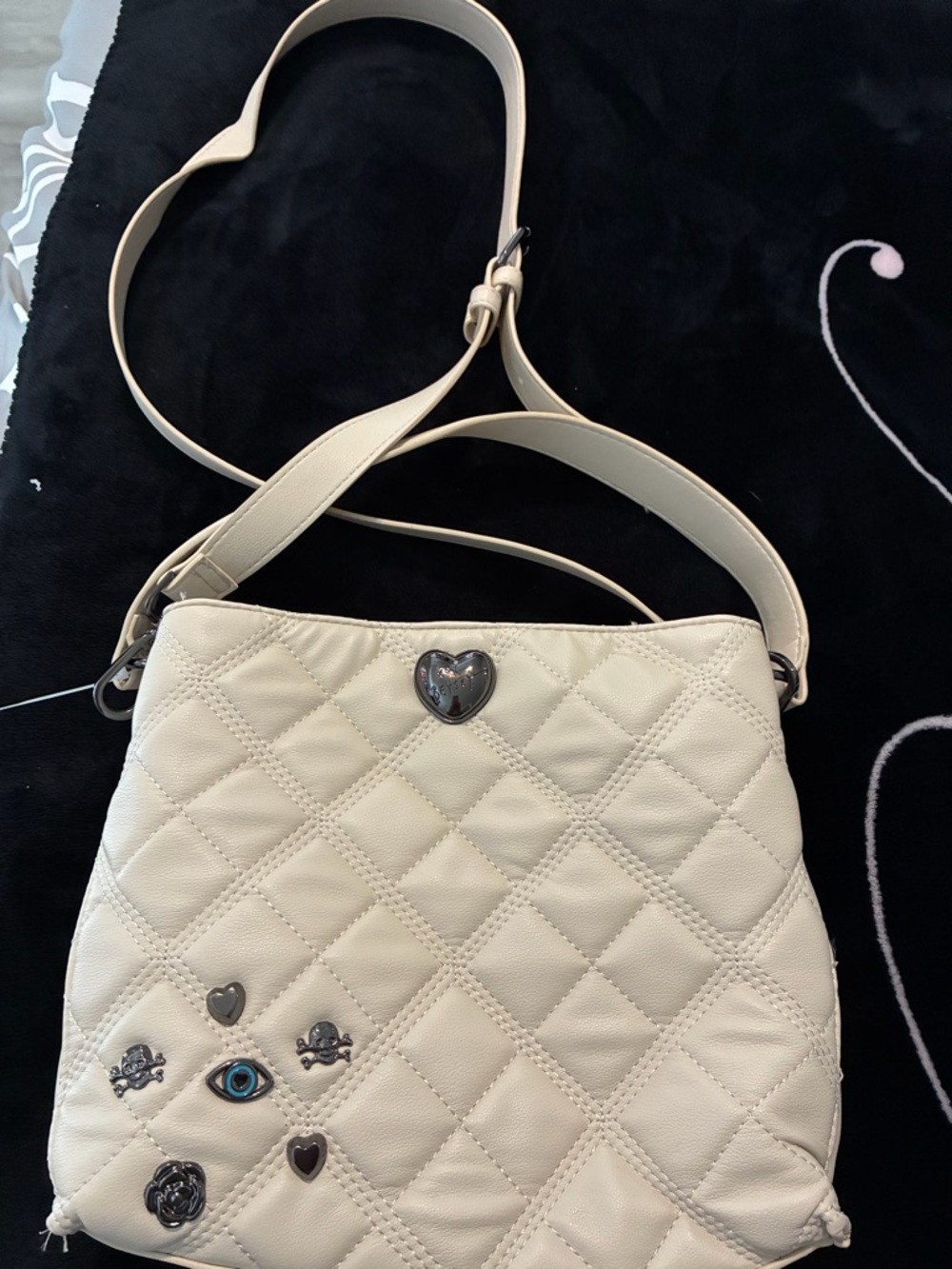 Betsey Johnson Cream Quilted Crossbody with Heart Charm Accents